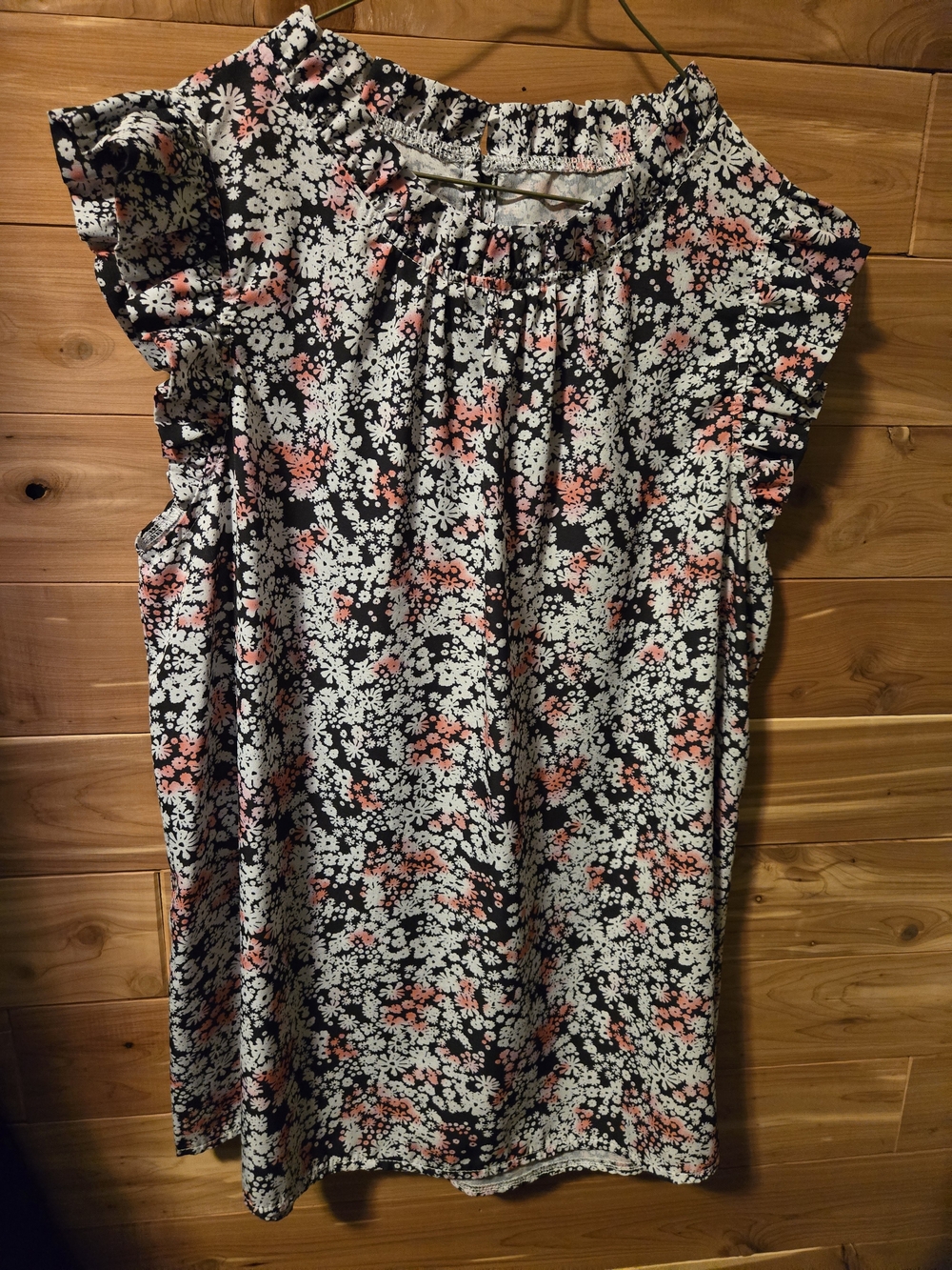 Black Floral Ruffle Sleeve Tank with Pink Accents